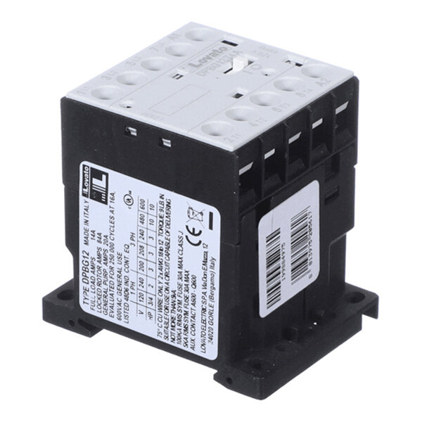 A black and white electrical contactor with multiple connection terminals and labeled specifications on its side.