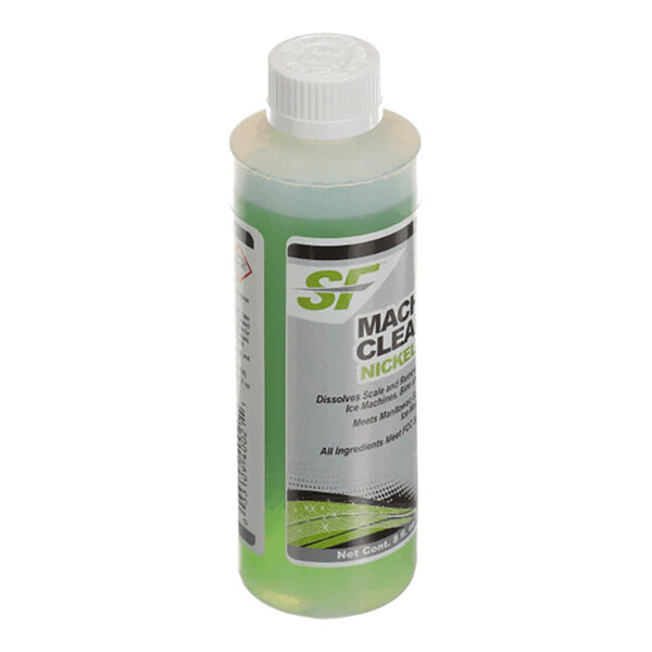 A clear plastic bottle with a white cap containing a green liquid and a label indicating it is a machine cleaner, nickel safe, with 8 oz net content.