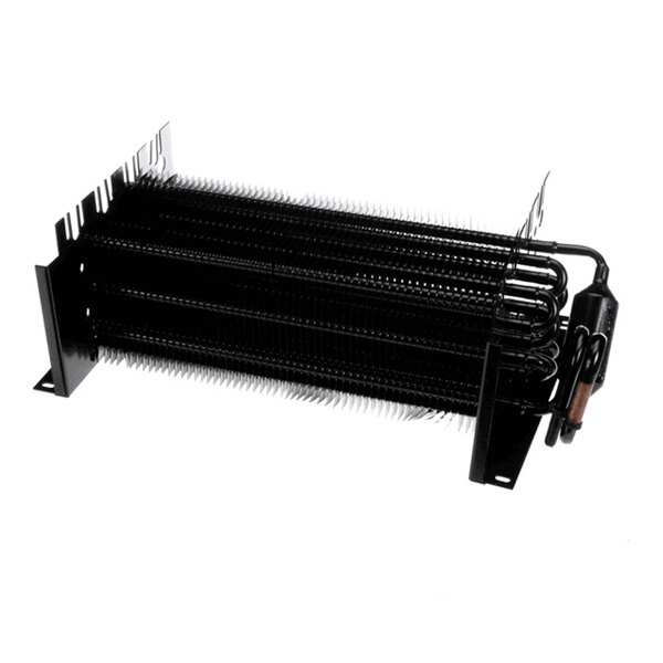 A black metal evaporator coil assembly with multiple parallel tubes and thin fins, mounted on a rectangular frame.