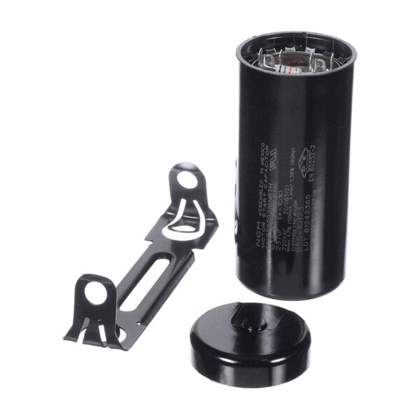 A cylindrical black capacitor with exposed terminals, accompanied by a mounting bracket and a round black cover.
