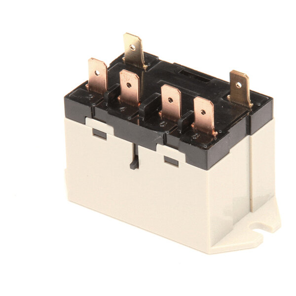 A rectangular electrical relay with a white base, black top, and multiple copper terminals protruding from the top.