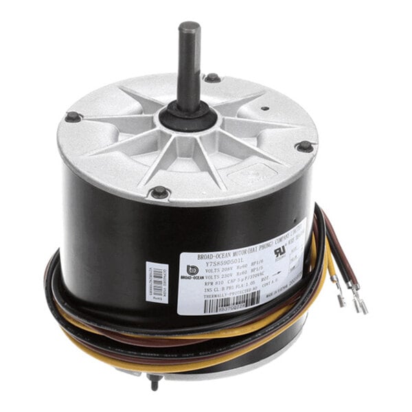 A cylindrical electric motor with a central shaft, multiple colored wires, and a label on the side.
