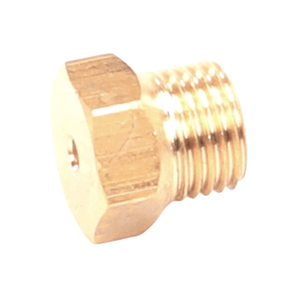 A small brass-colored metal nozzle with a hexagonal head and threaded body.