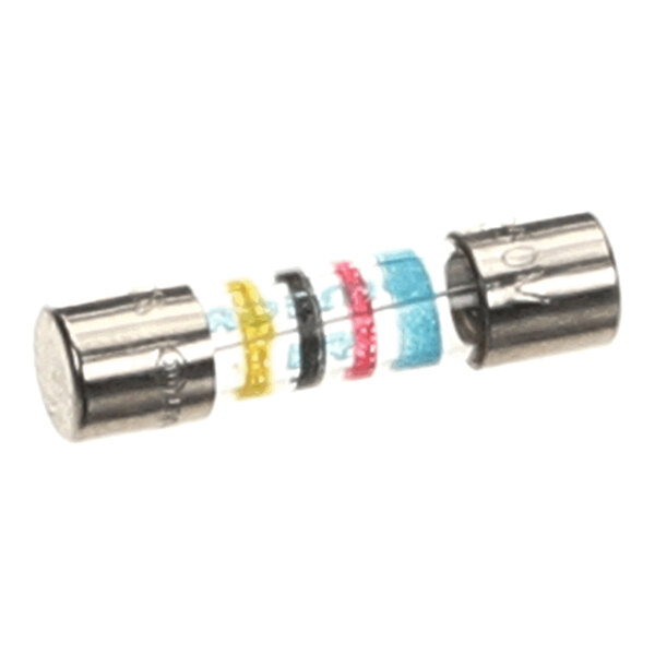 A small cylindrical glass fuse with metal end caps and colored bands inside.