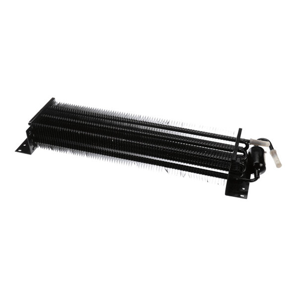 A rectangular black metal component with closely spaced fins and attached tubing, likely part of a cooling or refrigeration system.