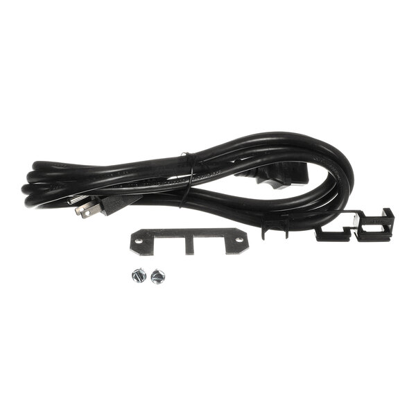 A coiled black power cord with a three-prong plug, accompanied by metal brackets, plastic clips, and two screws, all laid out on a white background.