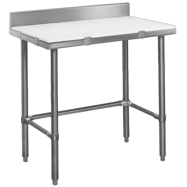 A white poly top Eagle Group cutting table with metal legs.