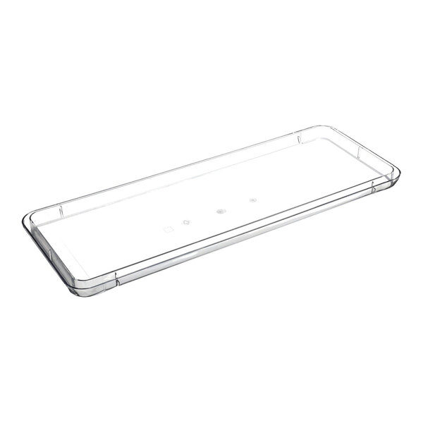 A clear, rectangular plastic lid with slightly raised edges, shown on a white background.