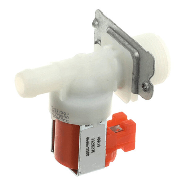 A plastic and metal solenoid valve with a red coil, white inlet/outlet ports, and a metal mounting bracket.