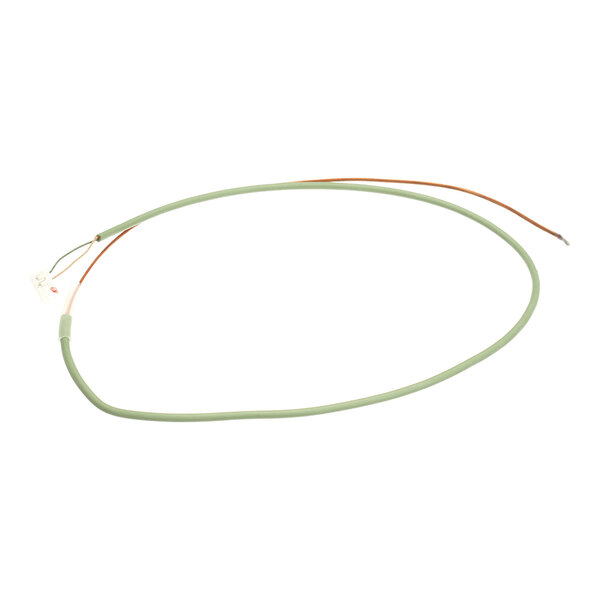 A green insulated wire with exposed copper ends and a small white connector on one side, likely a thermocouple component.