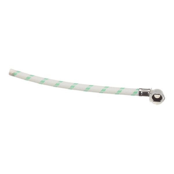 A flexible white hose with green stripes and a metal connector on one end.