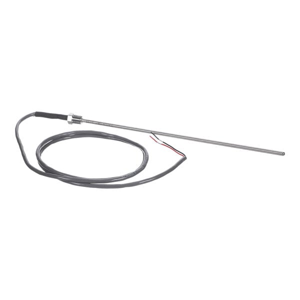 A long, thin metallic probe attached to a coiled cable with exposed wires at the end.