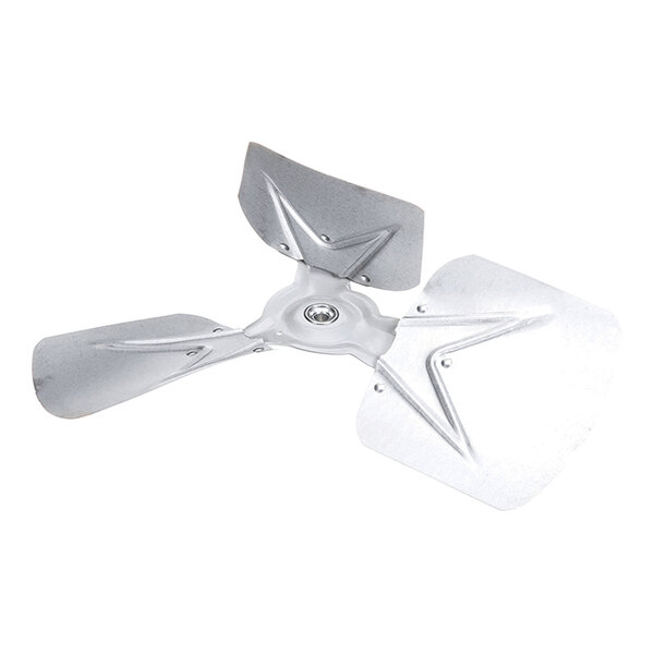 A three-blade metallic fan blade with a central mounting hole, shown against a white background.