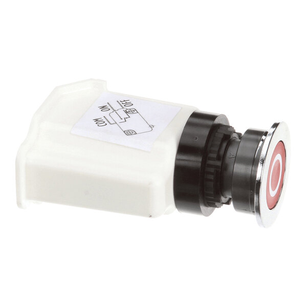 A close-up view of a round push button with a red center and a white housing, likely used as a stop knob or emergency stop button.