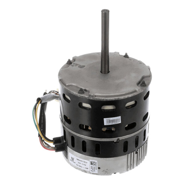 A cylindrical electric motor with a central shaft, multiple ventilation slots, and attached colored wires.