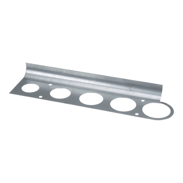 A metal bracket with a curved edge and several large circular cutouts along its length.