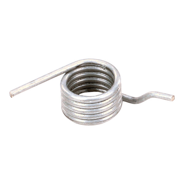 A coiled metal spring with two protruding ends, one straight and one bent, shown against a white background.