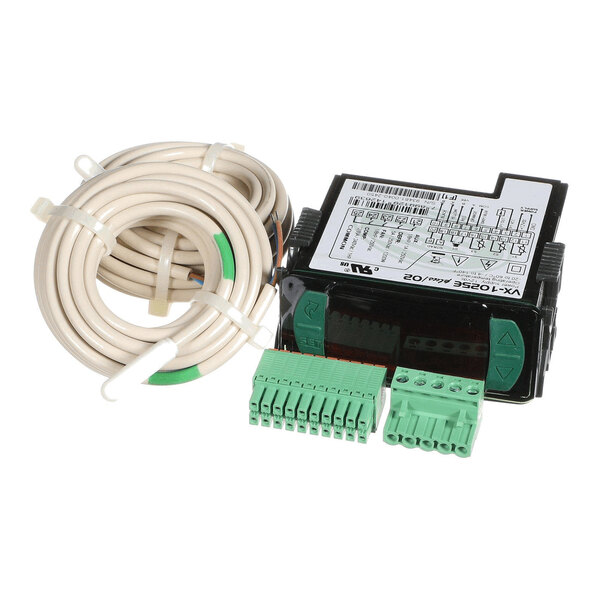 A black electronic control unit with a wiring diagram label, accompanied by a coiled white cable and two green terminal connectors.