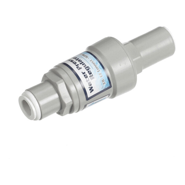 A gray cylindrical plastic component with connectors on both ends and a label indicating it is a water pressure regulator.
