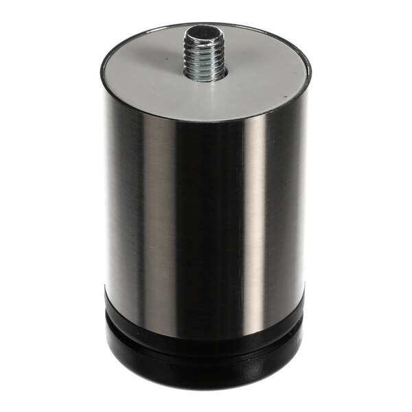 A cylindrical metal object with a threaded bolt on top and a black base, likely an adjustable foot or support leg.