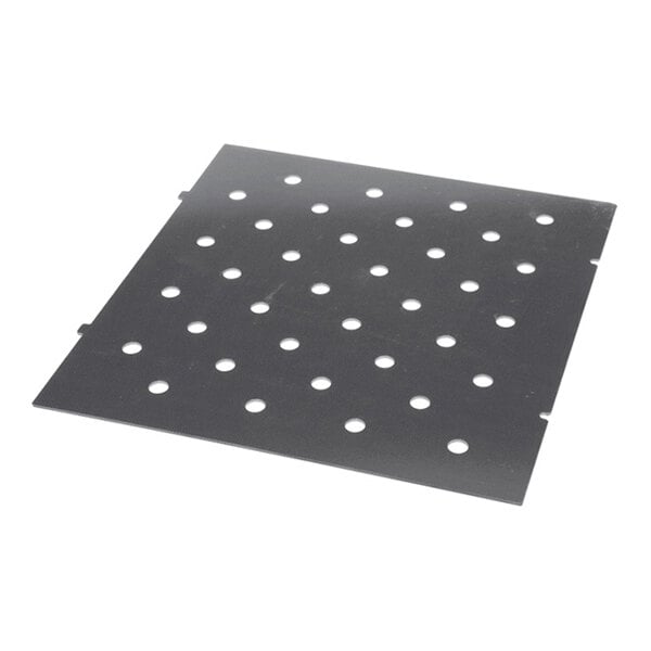 A square black plate with a grid of evenly spaced circular holes.