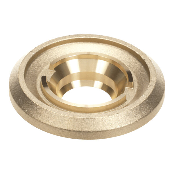 A metallic, circular component with a central hole and stepped, concentric rings, featuring both smooth and textured surfaces.