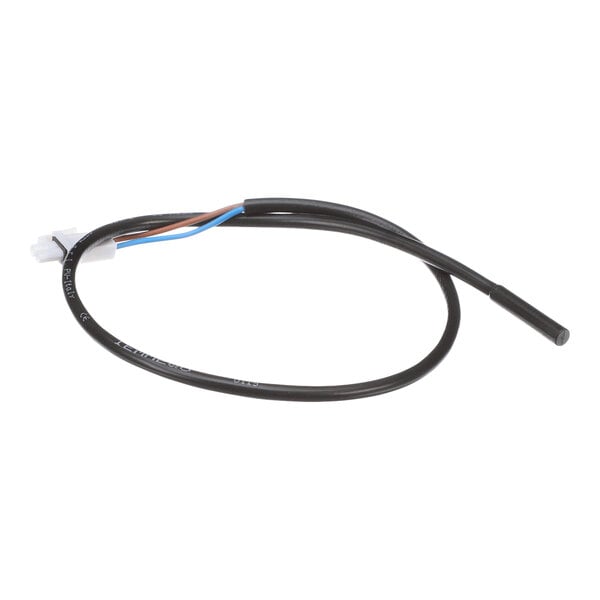A black cable with a cylindrical sensor on one end and a white connector on the other, with exposed blue and brown wires visible near the connector.