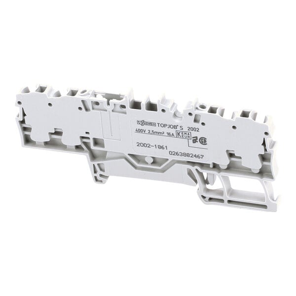 A grey plastic terminal block with multiple connection points and printed technical specifications on its surface.
