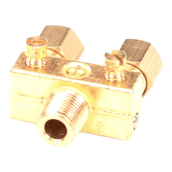 A gold-colored metal valve with two adjustment screws and threaded connectors.
