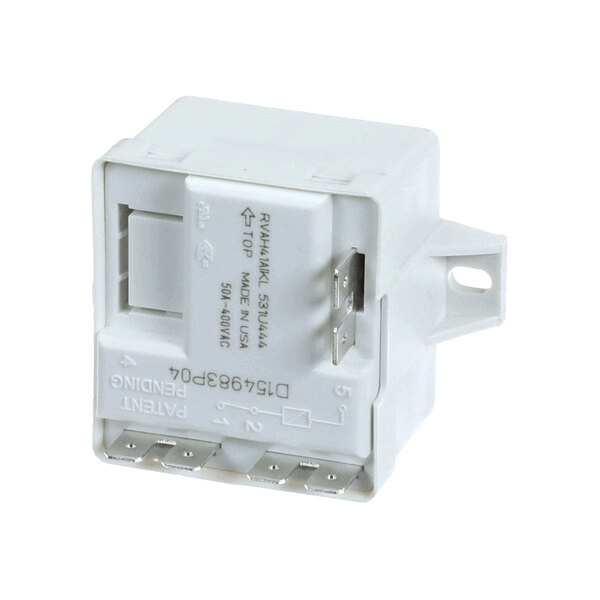 A white rectangular electrical relay with multiple metal prongs and printed labeling on its surface.