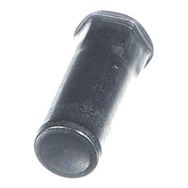 A close-up view of a small, cylindrical, black metal insert with a hexagonal head.