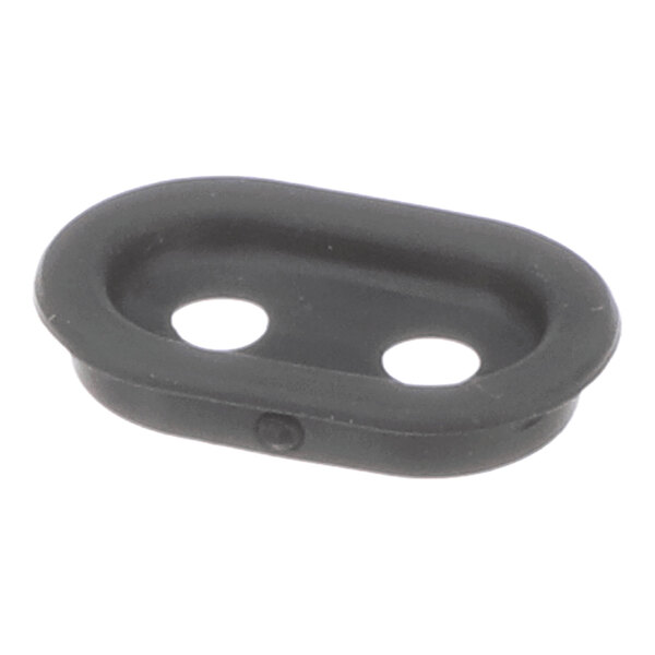 A black, oval-shaped rubber grommet with two circular holes.