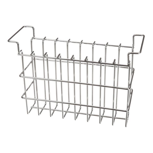 A rectangular metal wire basket with vertical and horizontal bars and two handles on the sides.