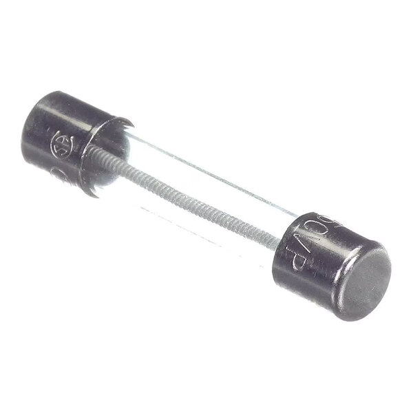 A cylindrical glass fuse with metal caps on both ends and a thin wire visible inside.