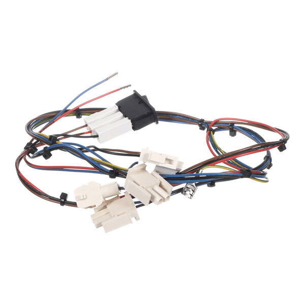 A bundle of multicolored electrical wires with several white and black plastic connectors attached.