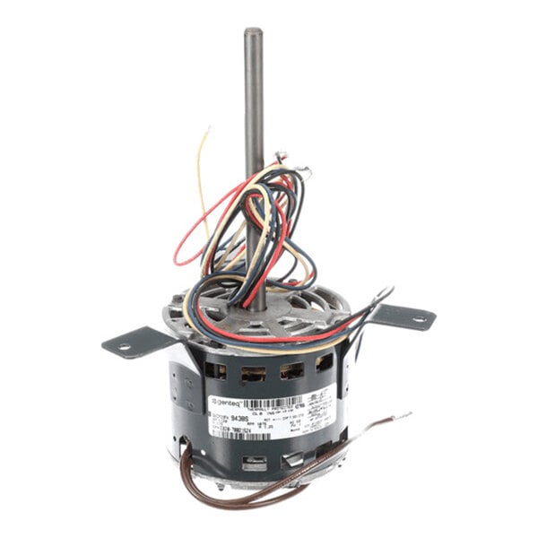 A cylindrical electric motor with a central shaft, multiple colored wires, and two mounting brackets on either side.