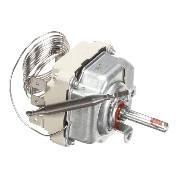 A metallic mechanical component with a coiled wire, a probe, and a rotating shaft, likely part of a temperature control system.