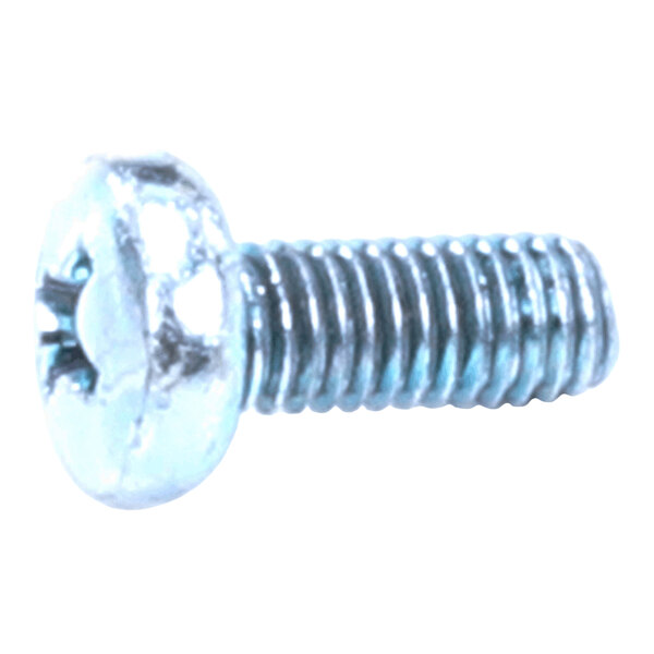 A metal screw with a Phillips pan head and threaded body is shown against a white background.