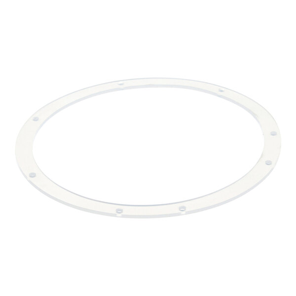 A transparent, circular gasket with several evenly spaced holes around its perimeter.
