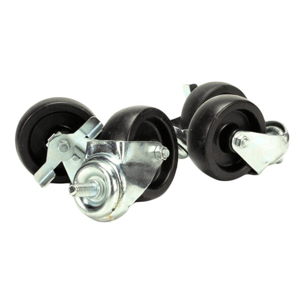 Four black and silver swivel casters with metal mounting hardware are shown grouped together.