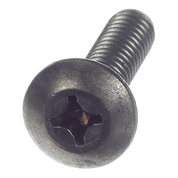 A metal screw with a Phillips truss head and threaded shaft.