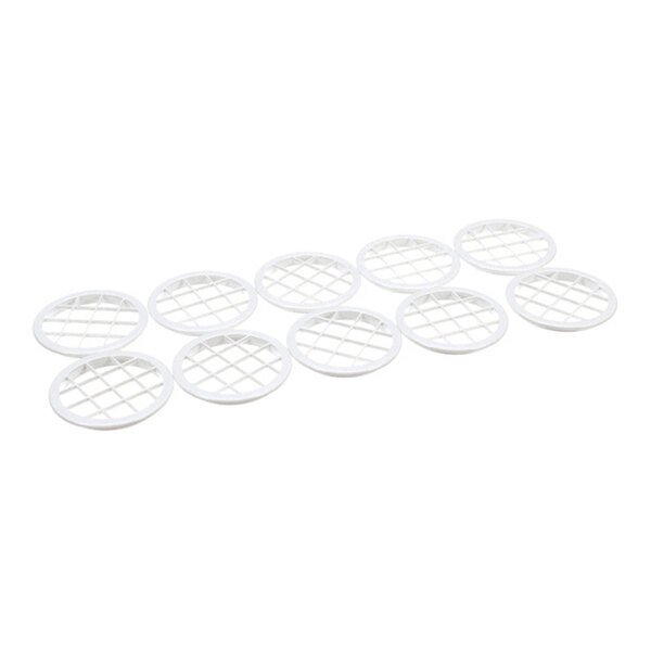 Ten round, white plastic grid-like screens are arranged in a staggered pattern on a white background.