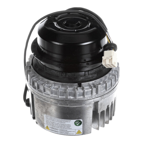 A cylindrical metallic and black component with cooling fins, electrical wiring, and a connector, likely part of a mechanical or electrical system.