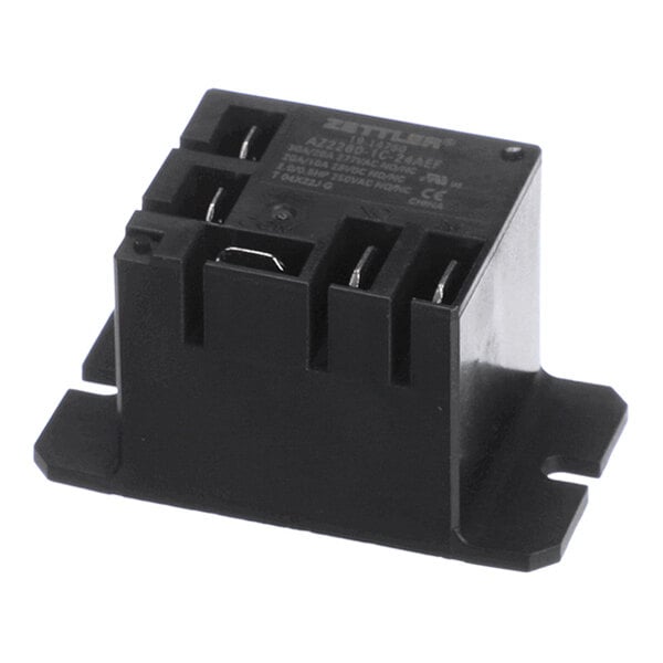 A black rectangular electrical relay with multiple metal terminals and mounting flanges on the base.