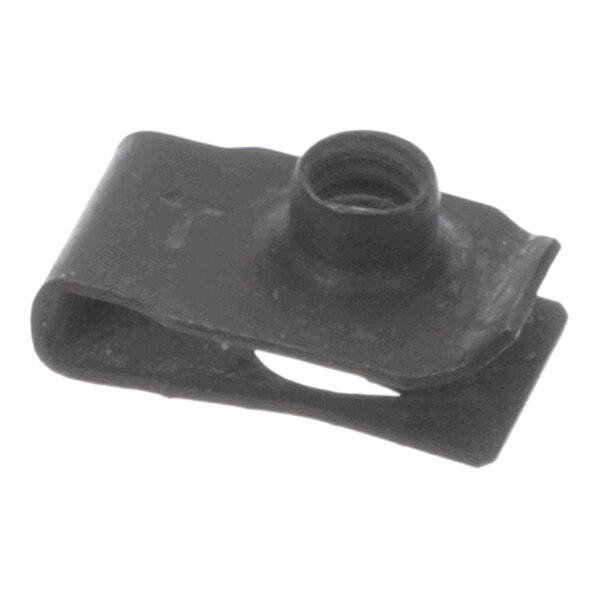 A black metal clip with a threaded hole in the center, likely used for fastening purposes.