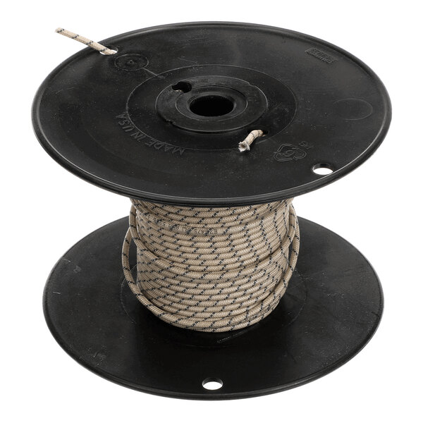 A spool of tan rope or wire with black markings wound around a black plastic reel.