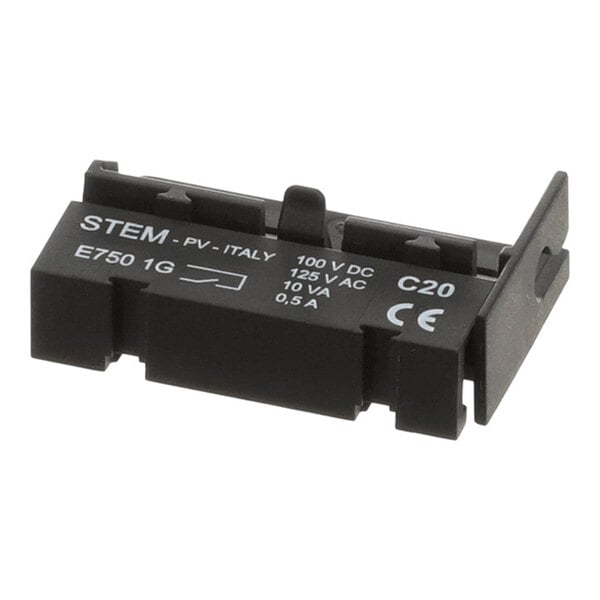 A black rectangular electronic component with white printed specifications and symbols on its surface.