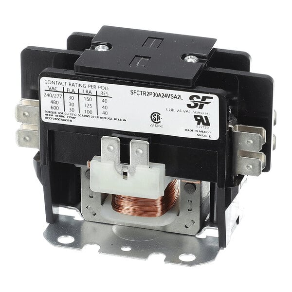 A black and metallic electrical contactor with a visible copper coil and labeled specifications on the front.