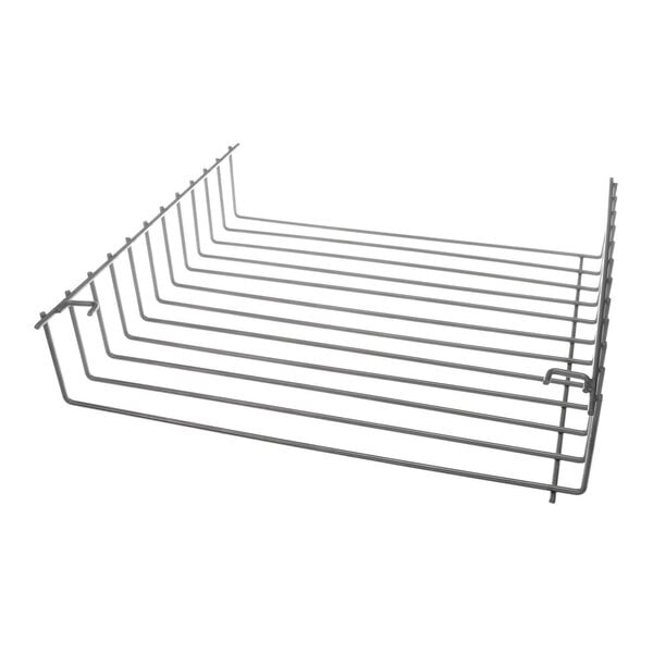 A metal wire rack with multiple horizontal bars and raised sides, designed to fit inside an oven.
