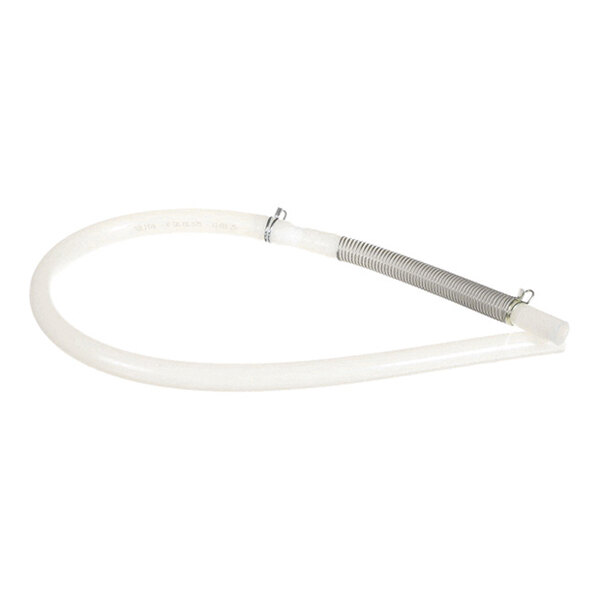 A translucent flexible hose with a metal coil reinforcement on one end and two metal clamps attached.